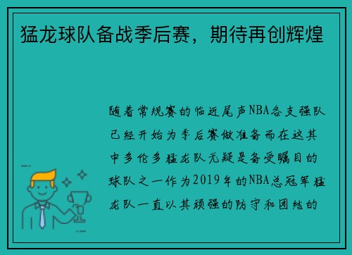 猛龙球队备战季后赛，期待再创辉煌